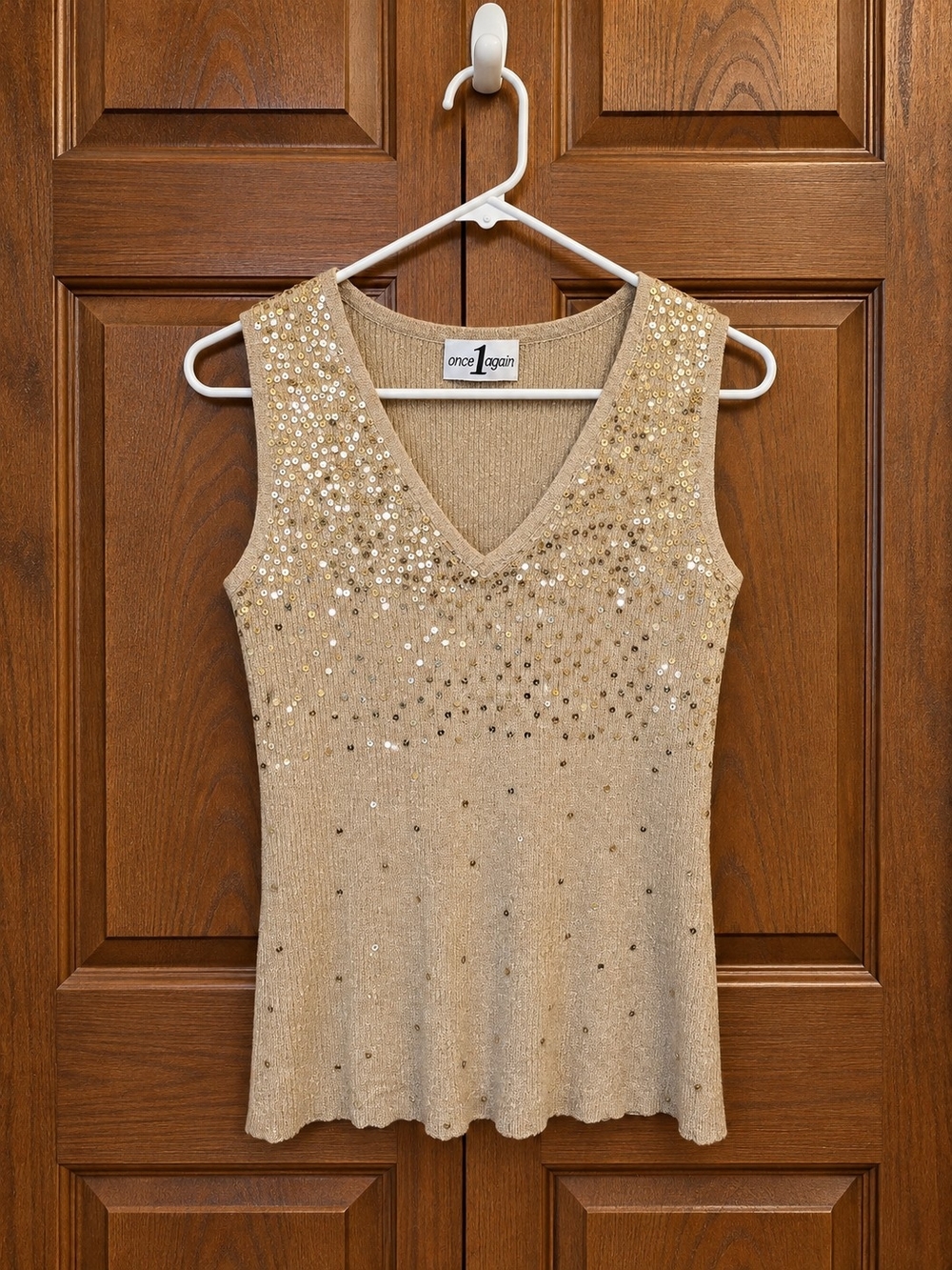 Gold Sequin V-Neck Sleeveless Top - Medium